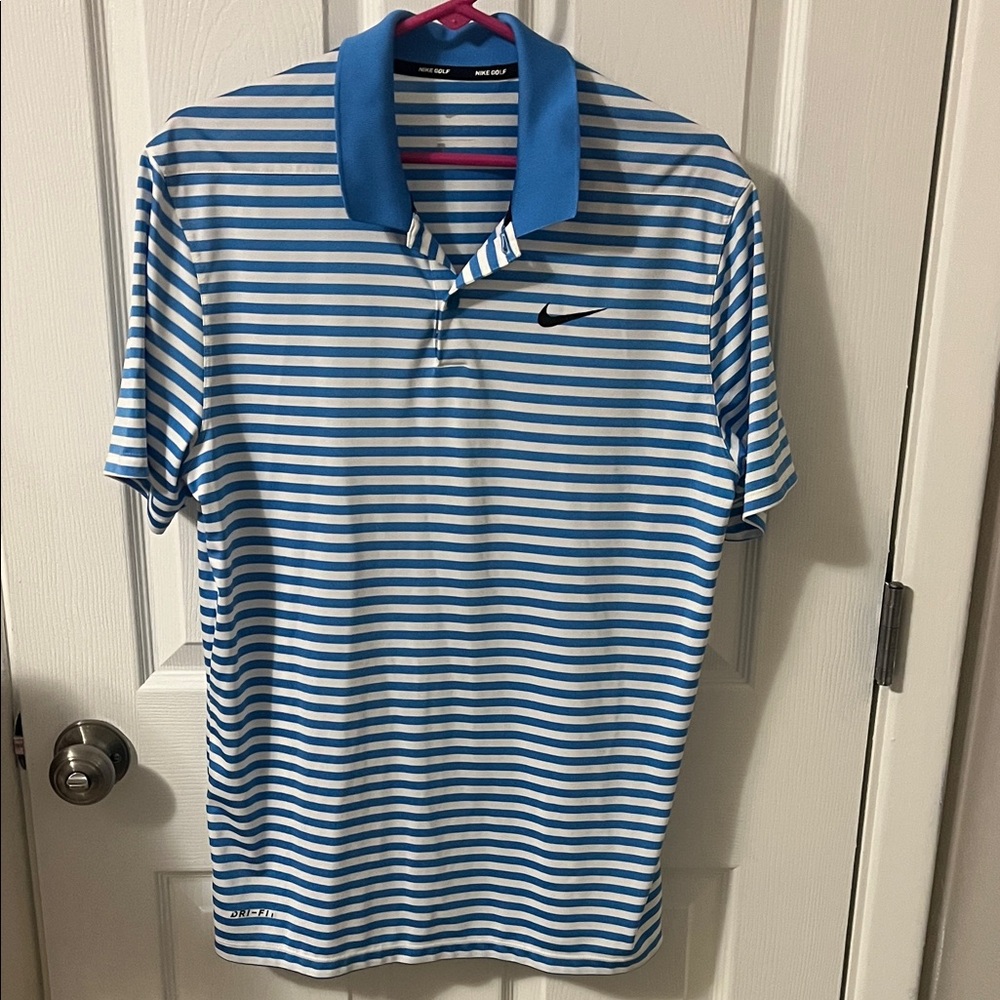 Nike Men’s Blue and White Striped Polo - Dri-FIT